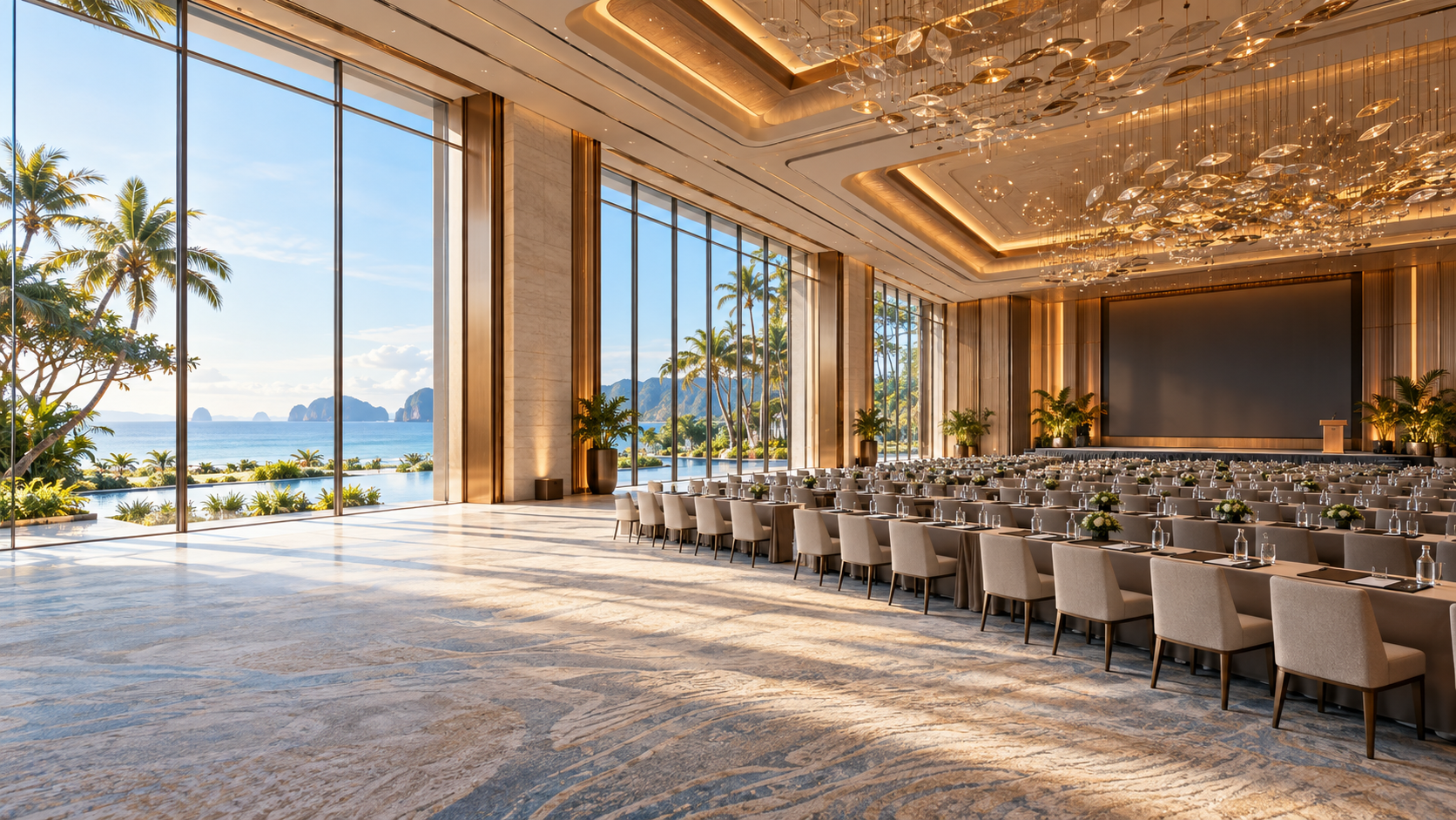 Conceptual rendering of a sunlit convention hall